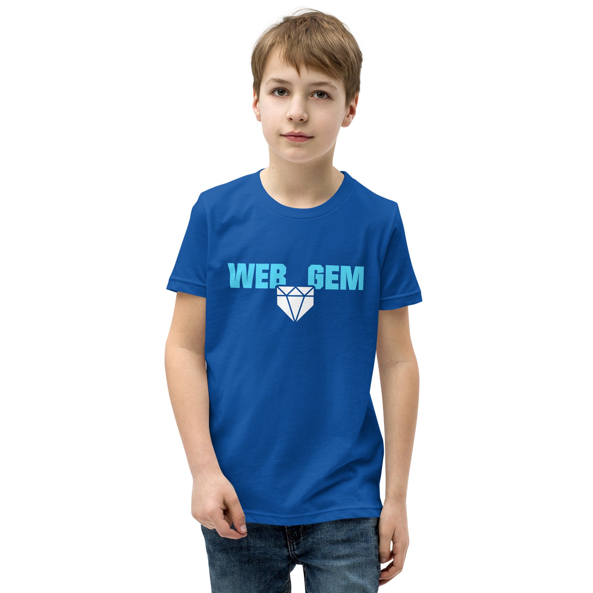 The classic Web Gem Apparel logo on a royal youth shirt.
