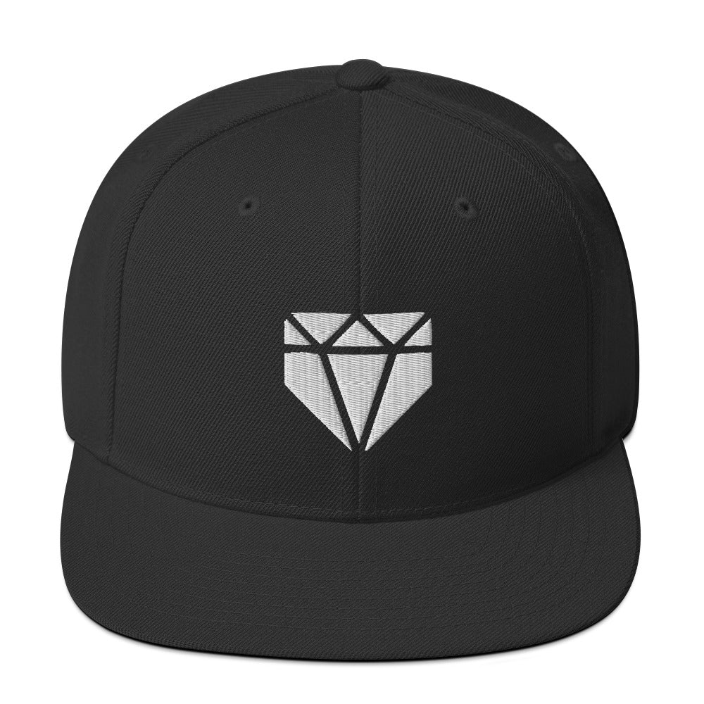 Web Gem Snapback Baseball Hat - white logo on a black, high-profile hat with a black flat-brim for kids, teens, and adult players.