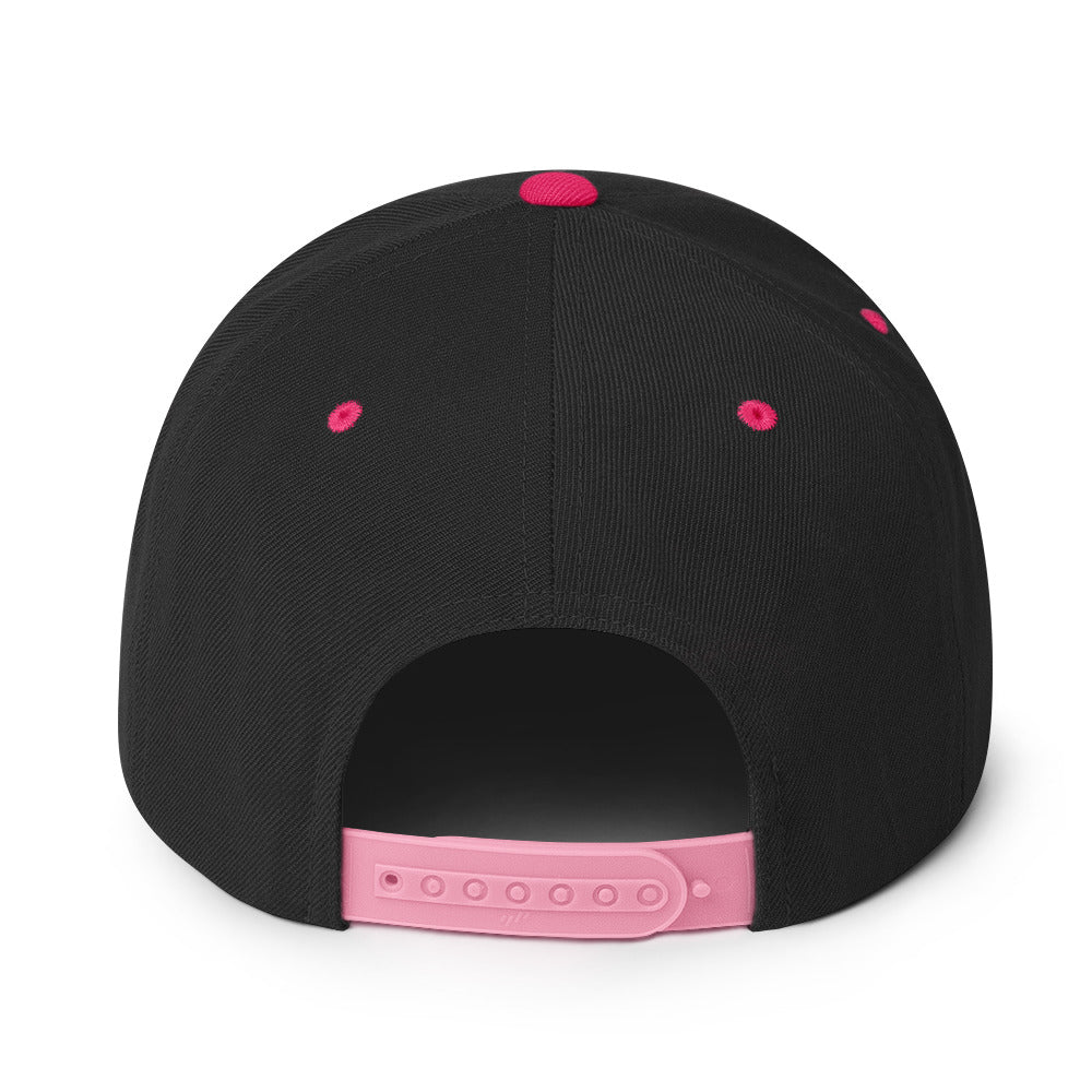 The back of the Web Gem hat showing the neon pink plastic snapback adjustor for one-size-fits-all.