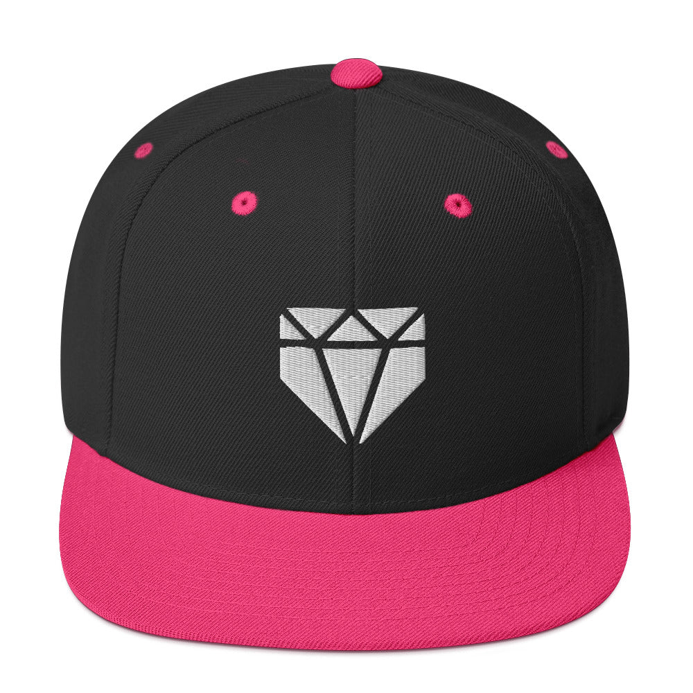 Web Gem Snapback Baseball Hat - white logo on a black, high-profile hat with a neon pink flat-brim for kids, teens, and adult players.
