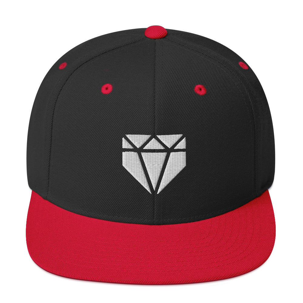Web Gem Snapback Baseball Hat - white logo on a black, high-profile hat with a red flat-brim for kids, teens, and adult players.