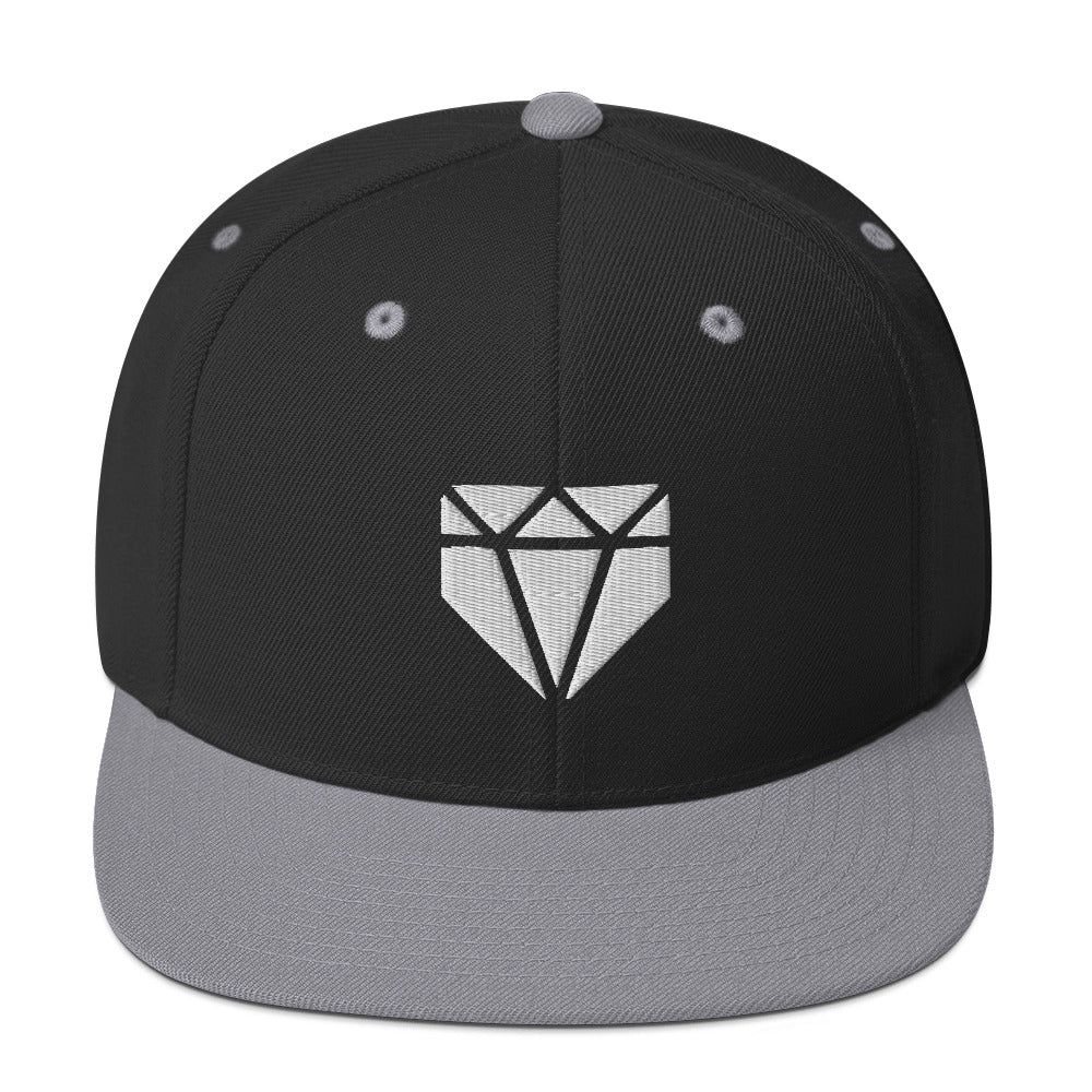 Web Gem Snapback Baseball Hat - white logo on a black, high-profile hat with a silver flat-brim for kids, teens, and adult players.