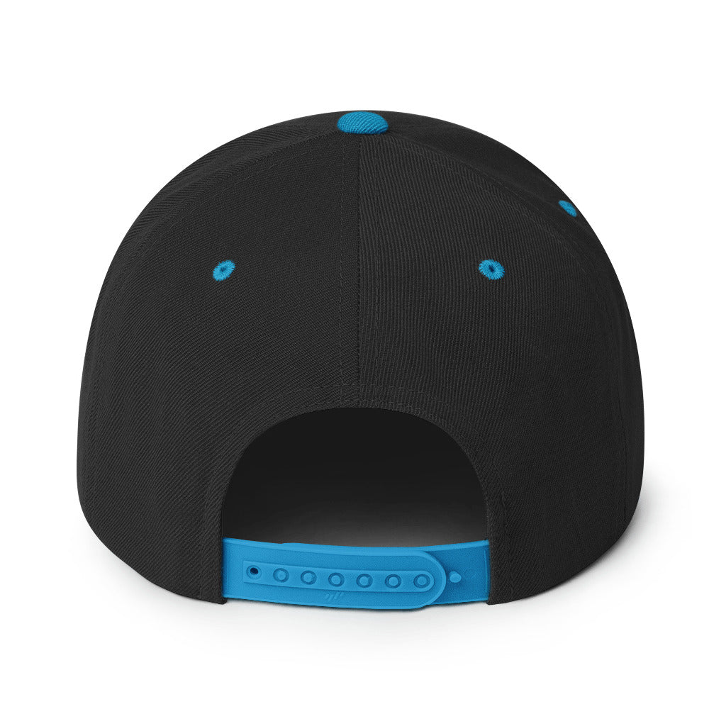 The back of the Web Gem hat showing the teal plastic snapback adjustor for one-size-fits-all.