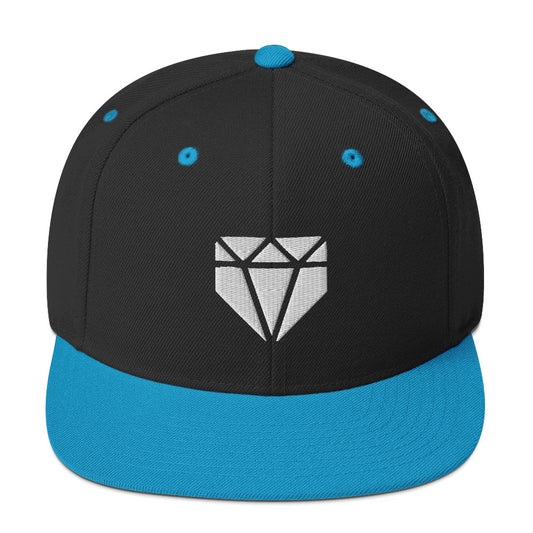 Web Gem Snapback Baseball Hat - white logo on a black, high-profile hat with a teal flat-brim for kids, teens, and adult players.